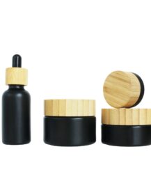 Matte Black Luxury Cosmetic Glass Cream Candle Jar with Bamboo Lid for Lip Balm Body Scrub Packaging 15ml 30ml 50ml