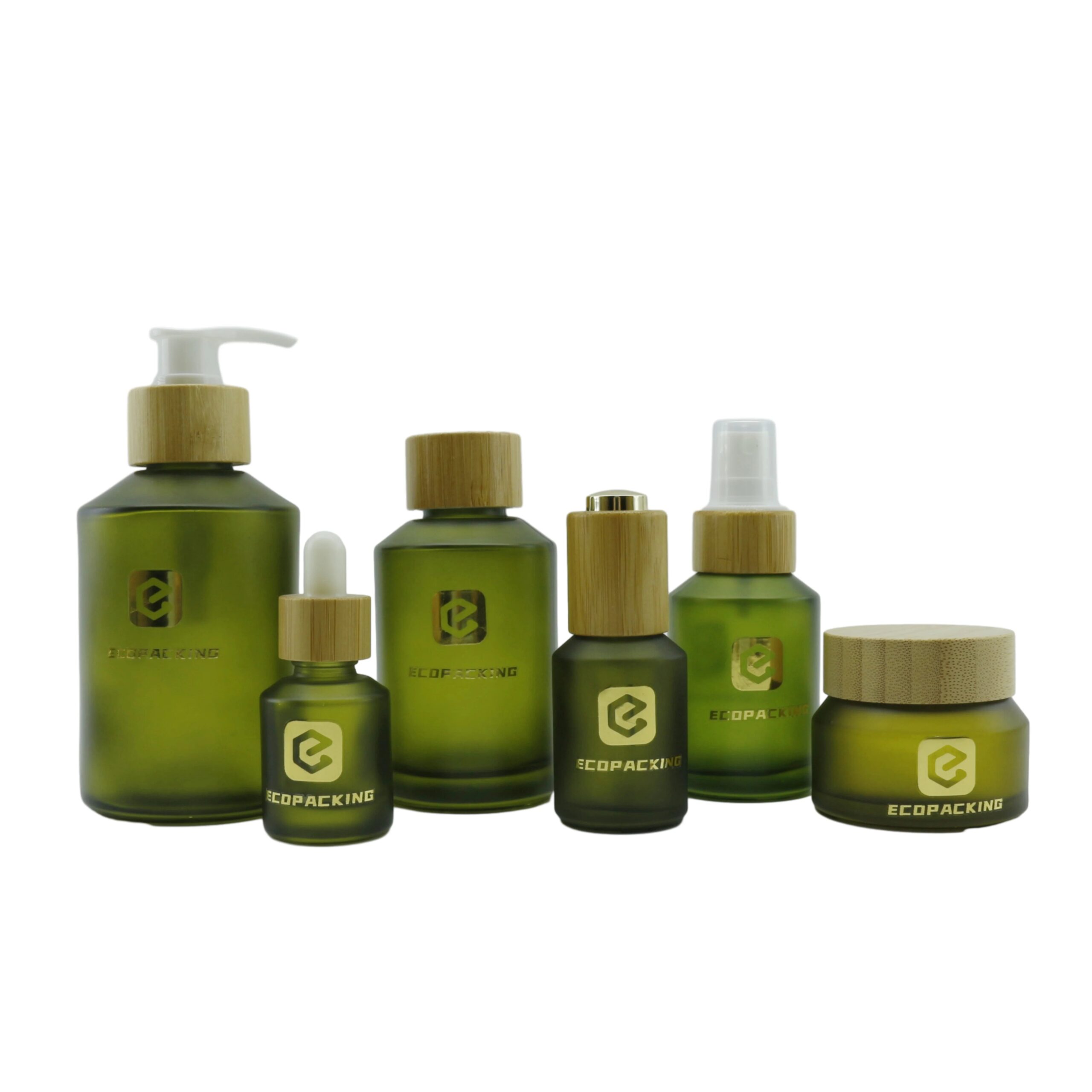 Frosted Olive Green Glass Bottle 30ml 60ml 120ml Cosmetic Bottle with 30g 50g Glass CreamJar with Bamboo Lid for Skin Care A888
