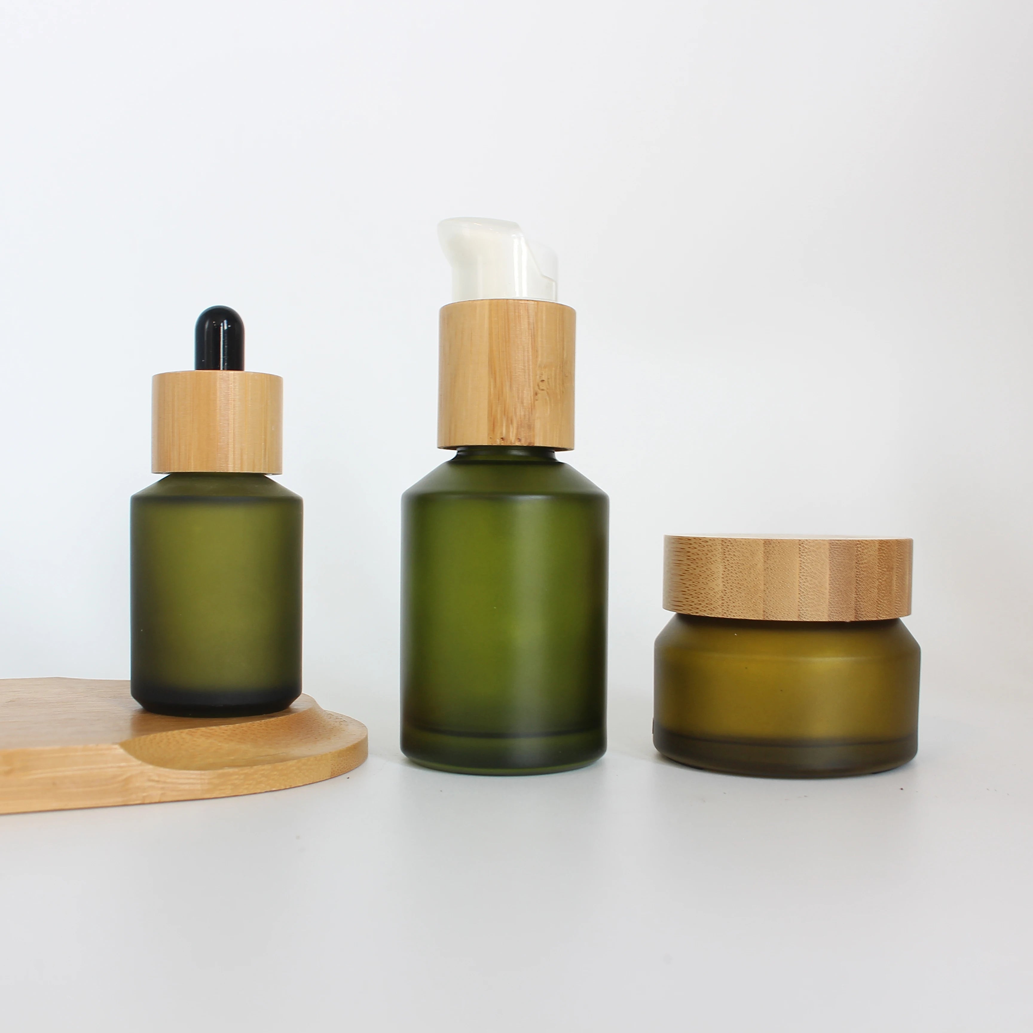 Luxury Bamboo Cosmetic Packaging Set Slanted Shoulder Glass Bottle with Bamboo Pump Dropper for Skin Care - 图片 4