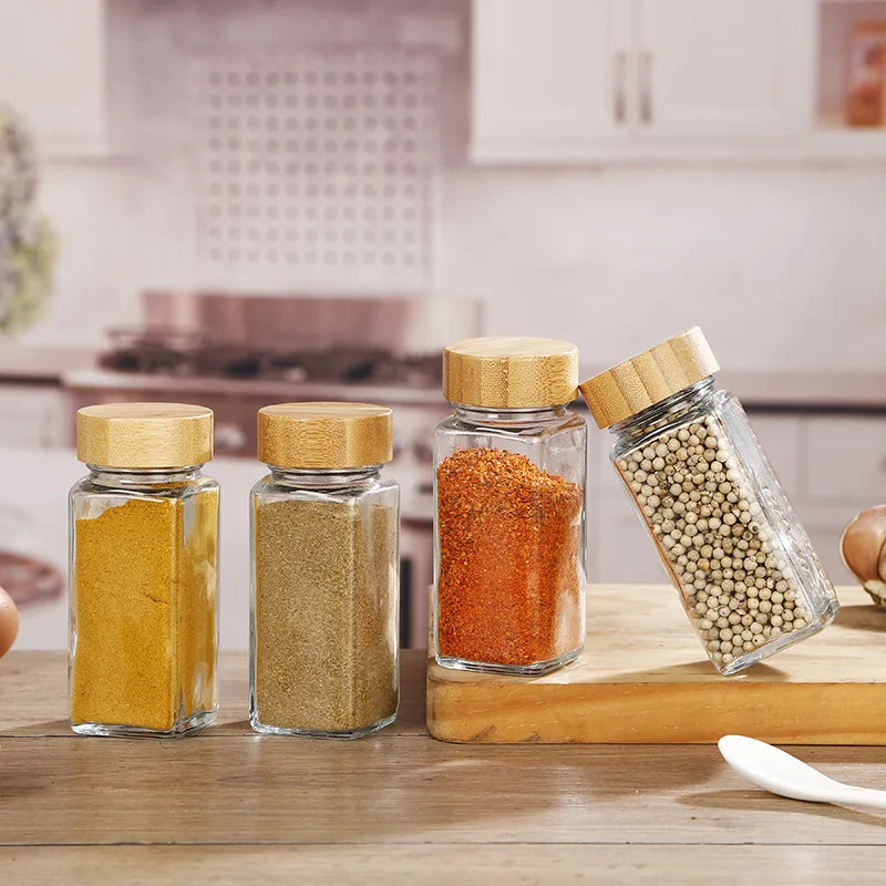Wholesale 12pcs 4oz Glass Spice Jar Seasoning Jar Set Square Spice Jar with Wooden Lid for Kitchen Food R888 - 图片 2