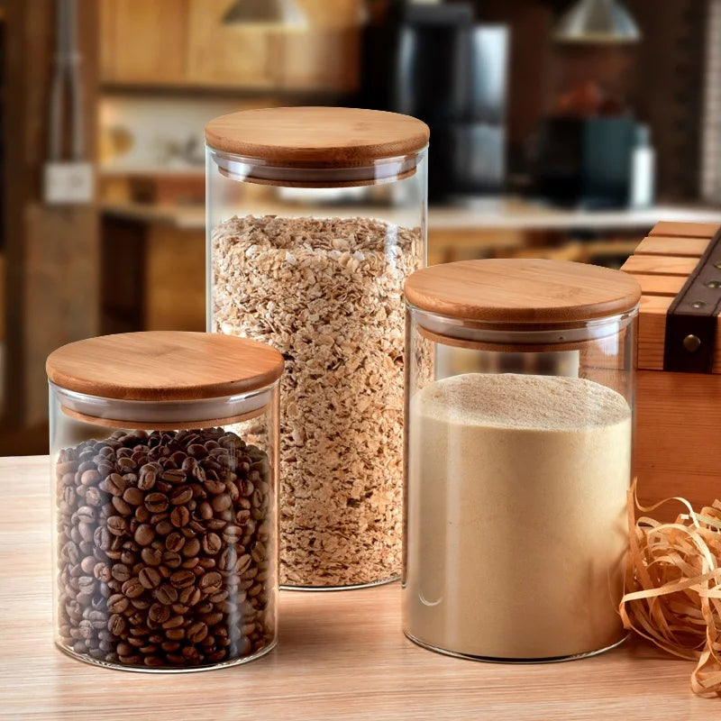 Kitchen Custom Logo Food Grade Bamboo Lid Borosilicate Food Glass Storage Jar - 图片 4