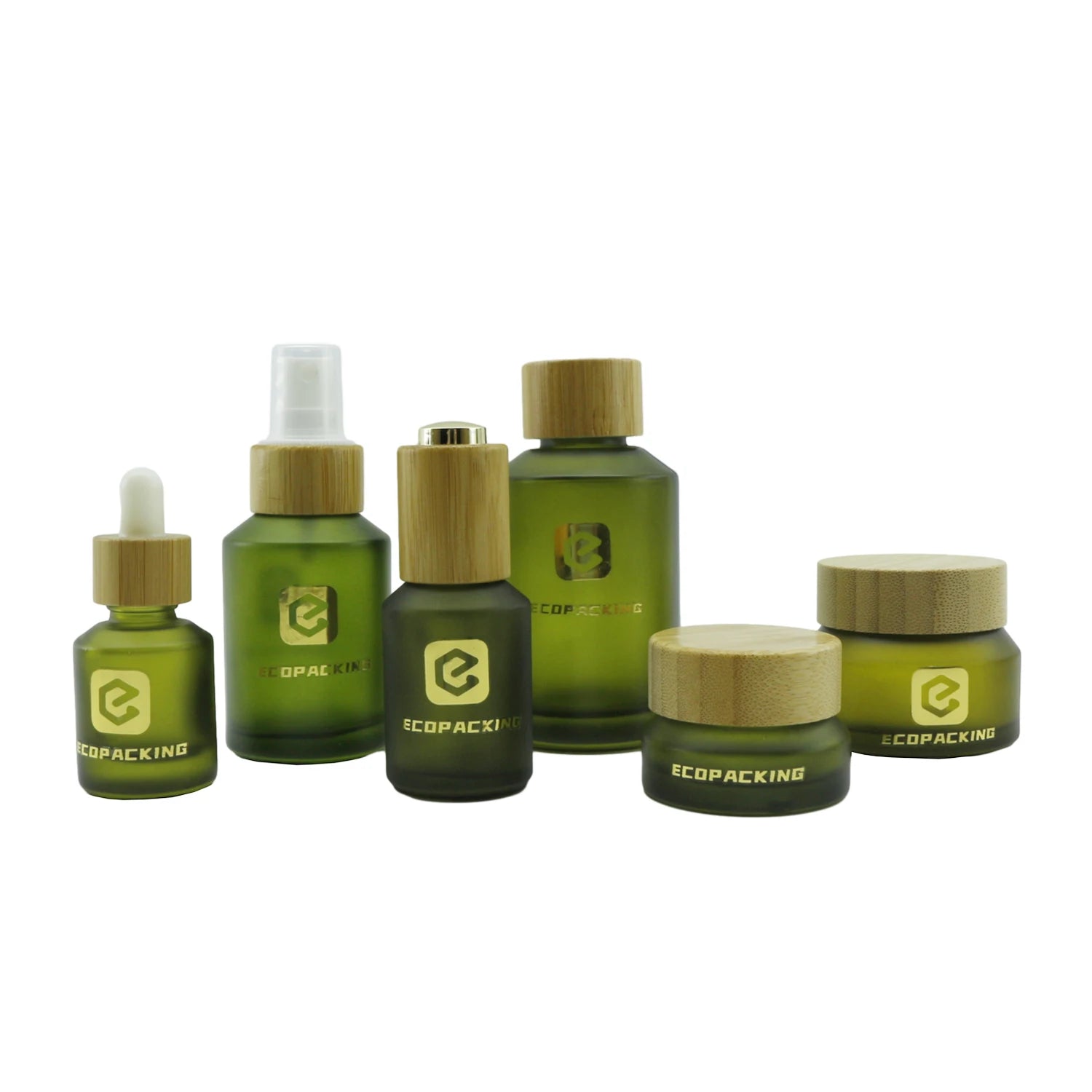 Luxury Slant Shoulder Frosted Olive Green Glass Spray Lotion Pump Bottle Cosmetic Jar Set with Bamboo Lid