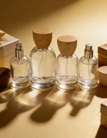 Luxury Cosmetics 30ml 50ml 100ml Round Empty Glass Perfume Pump Sprayer Bottle with Screen Printing Wooden Cap
