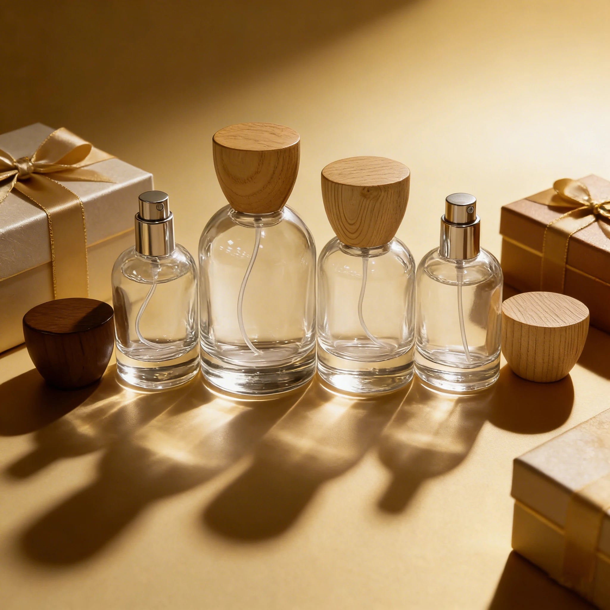 Luxury Cosmetics 30ml 50ml 100ml Round Empty Glass Perfume Pump Sprayer Bottle with Screen Printing Wooden Cap