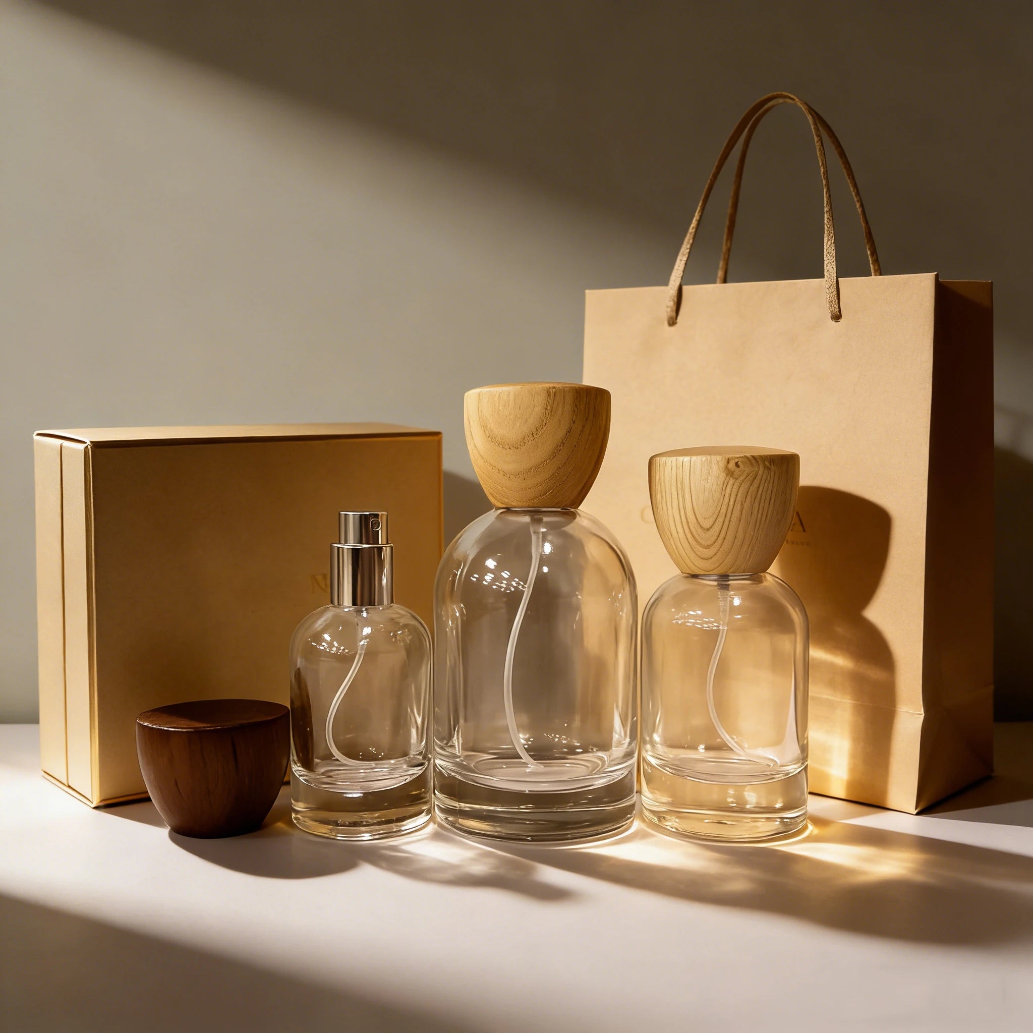 Luxury Cosmetics 30ml 50ml 100ml Round Empty Glass Perfume Pump Sprayer Bottle with Screen Printing Wooden Cap - 图片 5