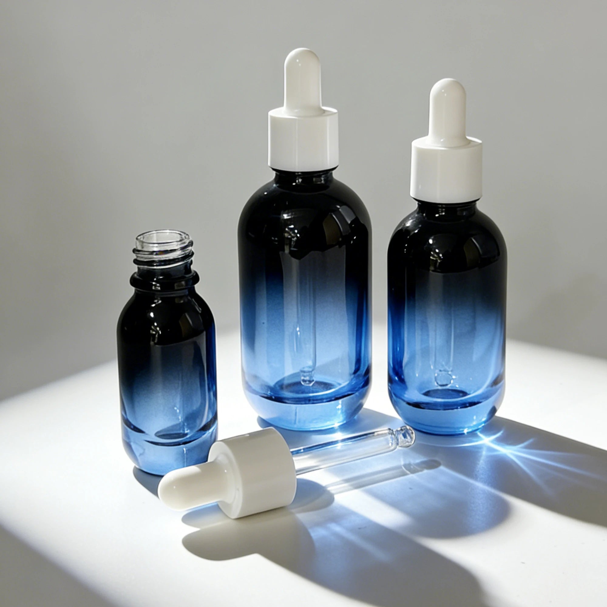 Thick Bottom Matte Glass Bottle 10ml 30ml 50ml Blue Gradient Serum Dropper Bottle Custom Logo Packing 888J Skin Care Serum