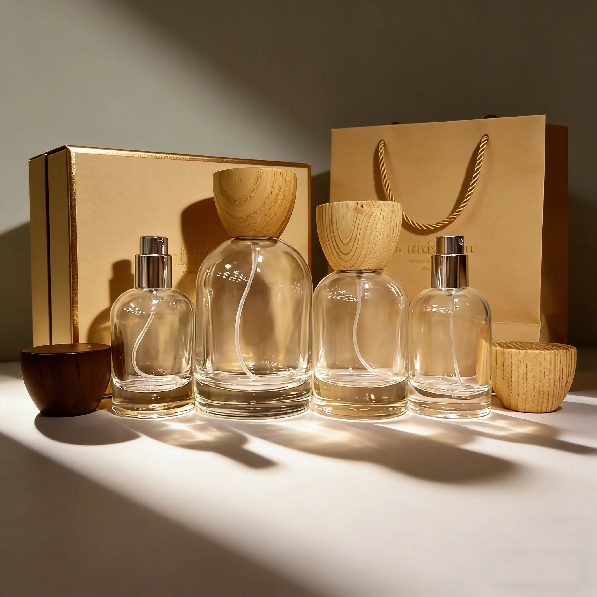 Luxury Cosmetics 30ml 50ml 100ml Round Empty Glass Perfume Pump Sprayer Bottle with Screen Printing Wooden Cap - 图片 2