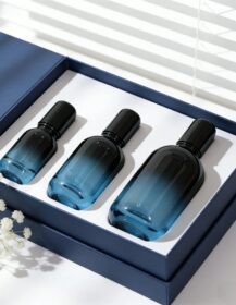 Luxury 10ml 30ml 50ml Blue Gradient Glass Roll on Bottles with Black Cap Cosmetic Roller Bottles With Custom Paper Boxes Set
