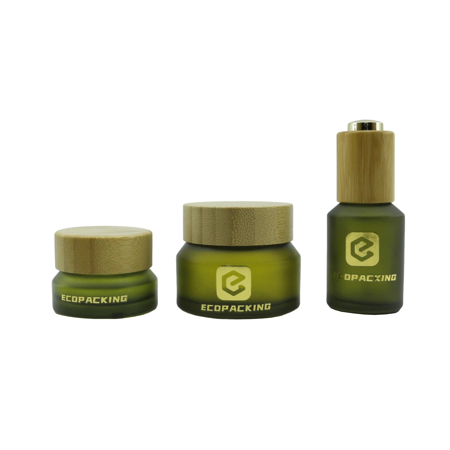 Luxury Slant Shoulder Frosted Olive Green Glass Spray Lotion Pump Bottle Cosmetic Jar Set with Bamboo Lid - 图片 4