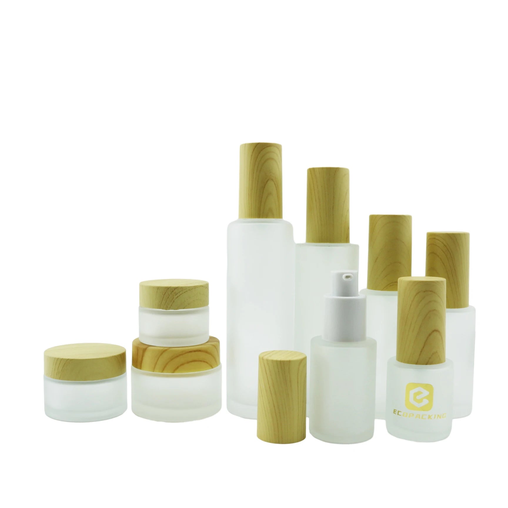 Frosted clear Glass Lotion Cosmetic Packaging Set Bottle for Body Lotion Face Serum Set with Bamboo Cap