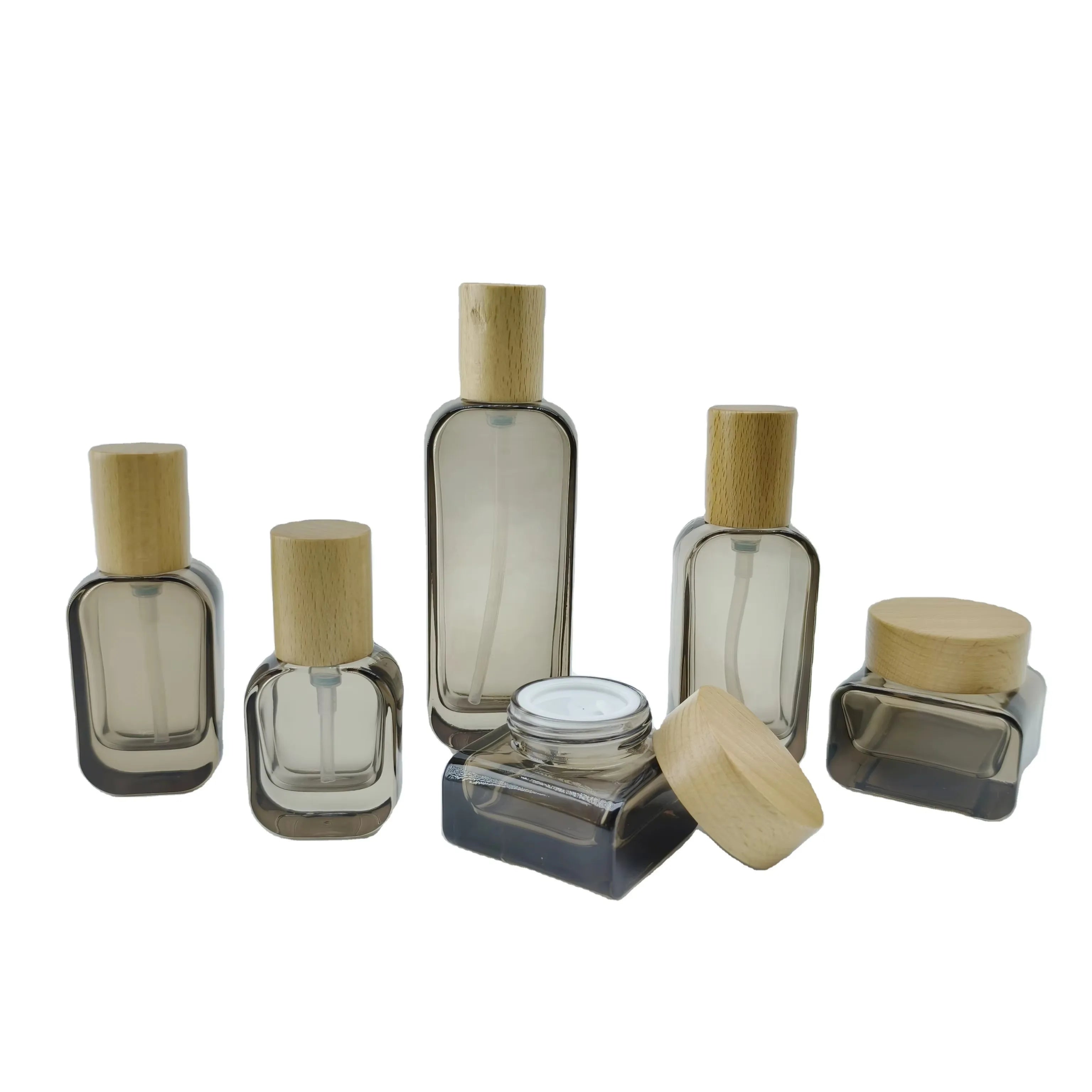 Skin Care 30g 50g 100g Empty Square Borosilicate Dark Glass Cream Jar with Screw Cap for Cosmetics with Wood Lid - 图片 5