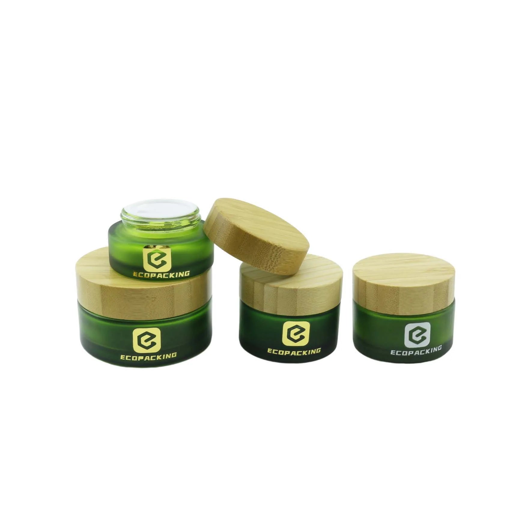 Custom Container 15g 1oz 30g 50g 100g Green Glass Jar with Bamboo Wood Lid Body Butter Face Cream Cosmetic Glass Jars - 图片 3