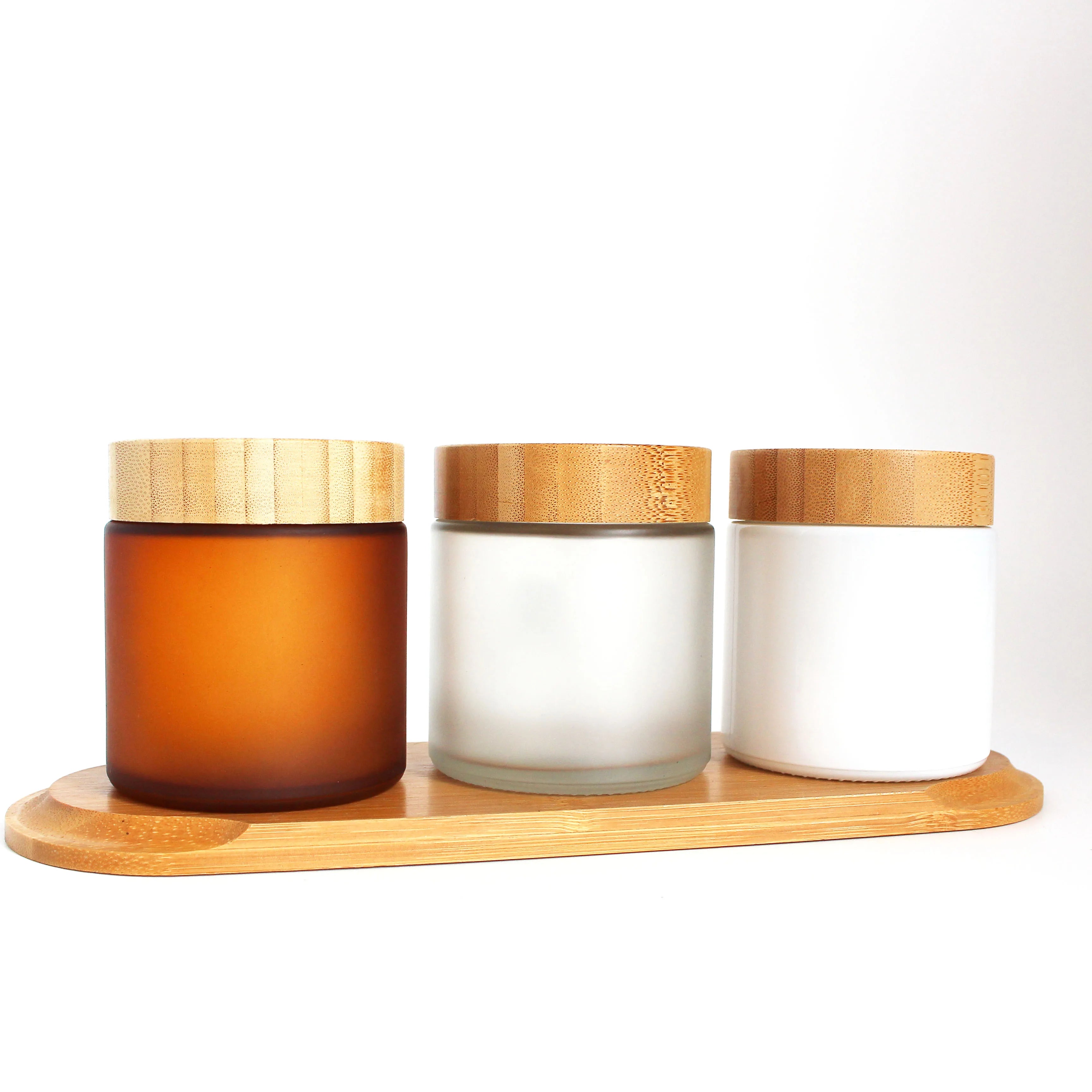 Cosmetic Packaging Eco Friendly 250ml 8oz Bamboo Lid Cap Frosted Glass Cosmetic Jar Wood Lid - 图片 4