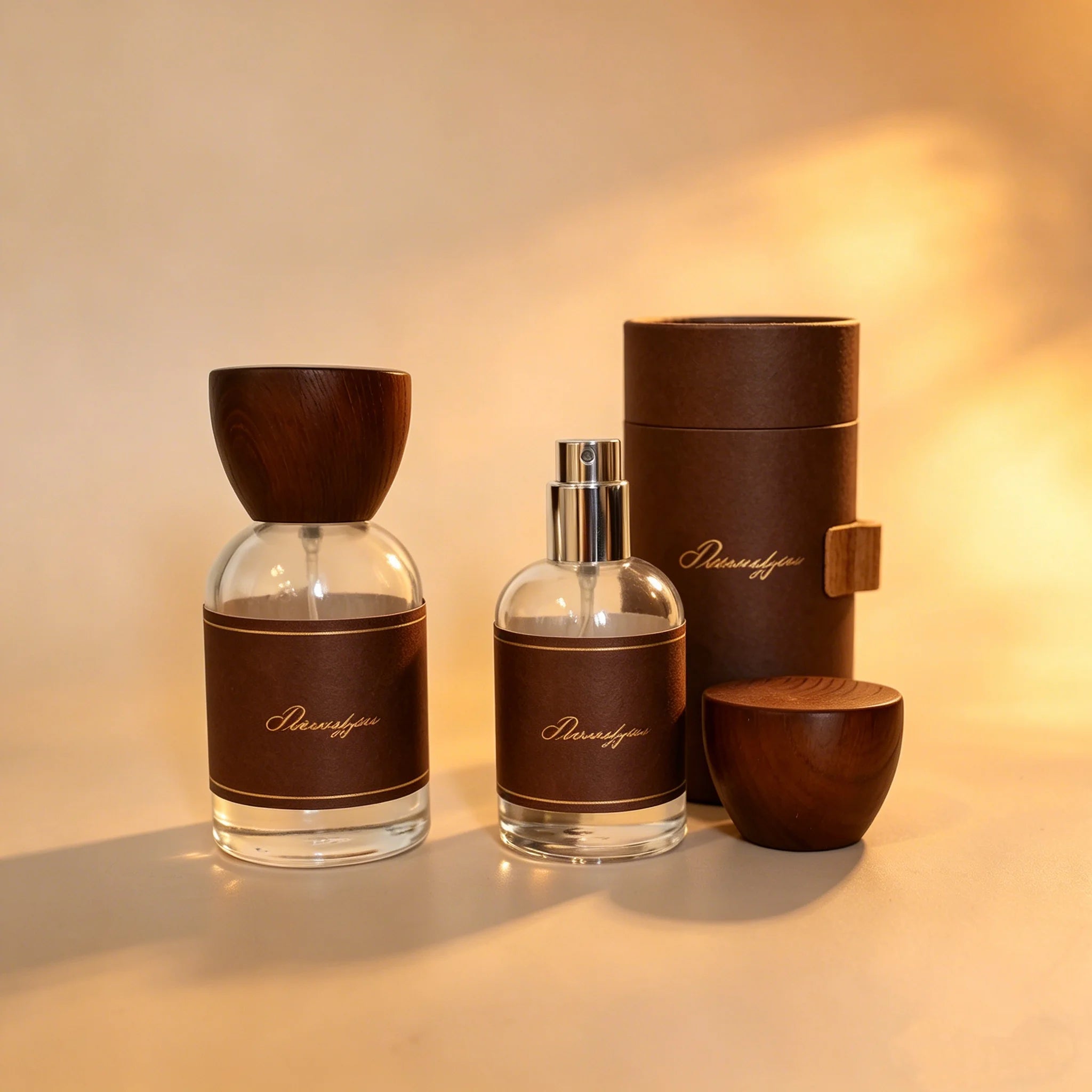 Wholesale Luxury 30ml 50ml 100ml Amber Round Empty Glass Perfume Bottle with Wood Cap for Professional Distributors