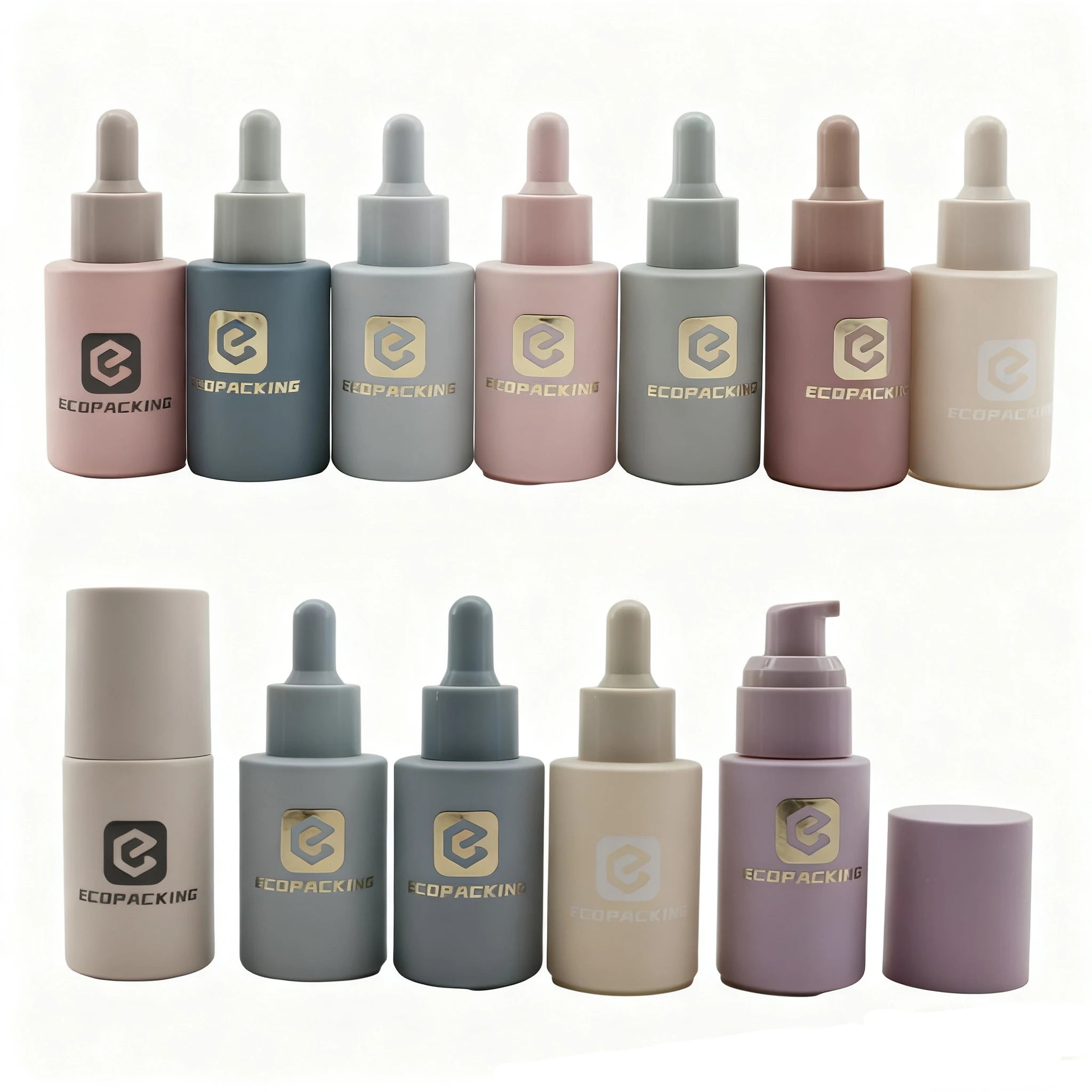 30ML 1OZ Flat Glass Lotion Pump & Dropper Bottle with Frosted Finish Custom Color & Logo for Face Cream & Eye Drop