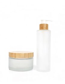 Eco Friendly Bamboo Lid Cosmetic 200ml Frosted Glass Pump Lotion Bottle and Cream Jar Packaging