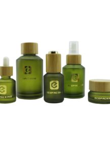 Empty Skincare Packaging Frosted Olive Green Slant Shoulder Lotion Bottle With Pump Cosmetics Glass Cream Jar Luxury Set