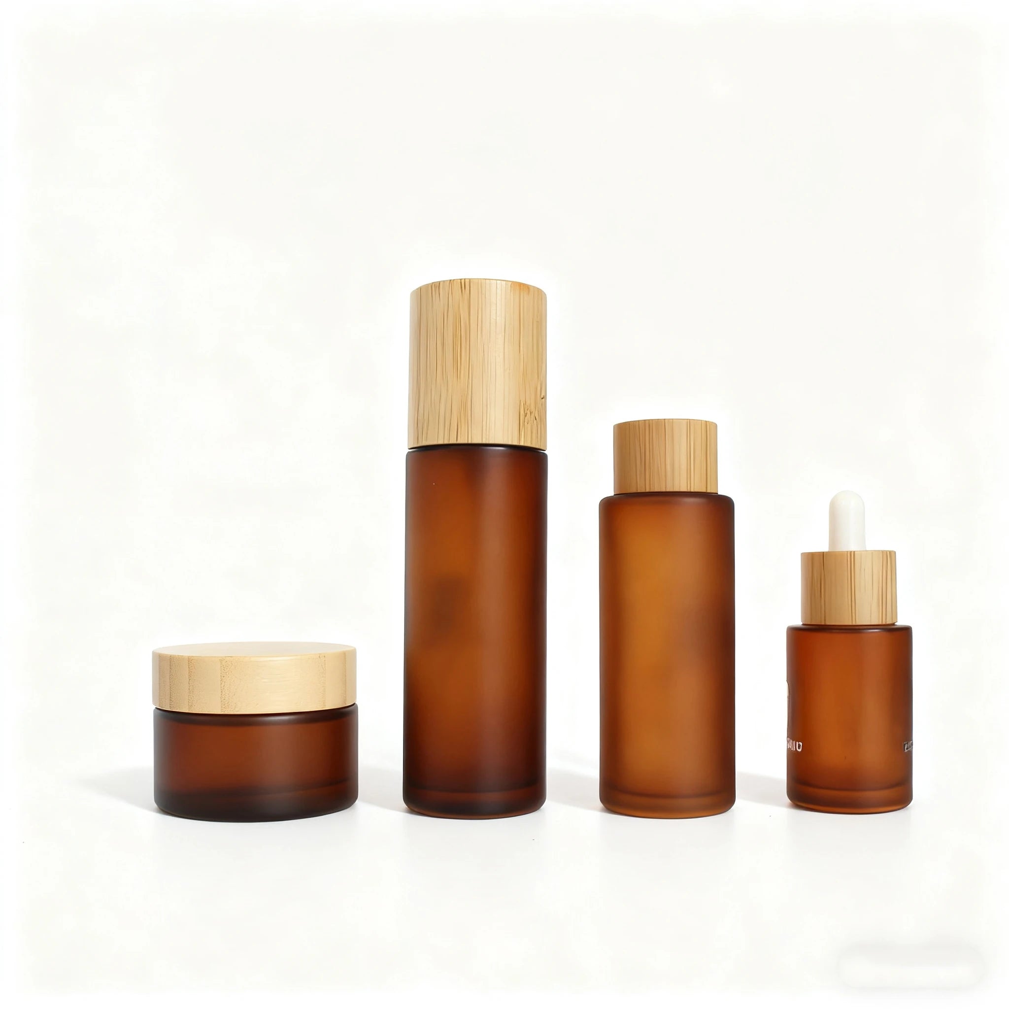 Natural 30ml 50ml 100ml Essential Oil Frosted Amber Glass Pump Bottle with Bamboo Dropper for Serum Packaging
