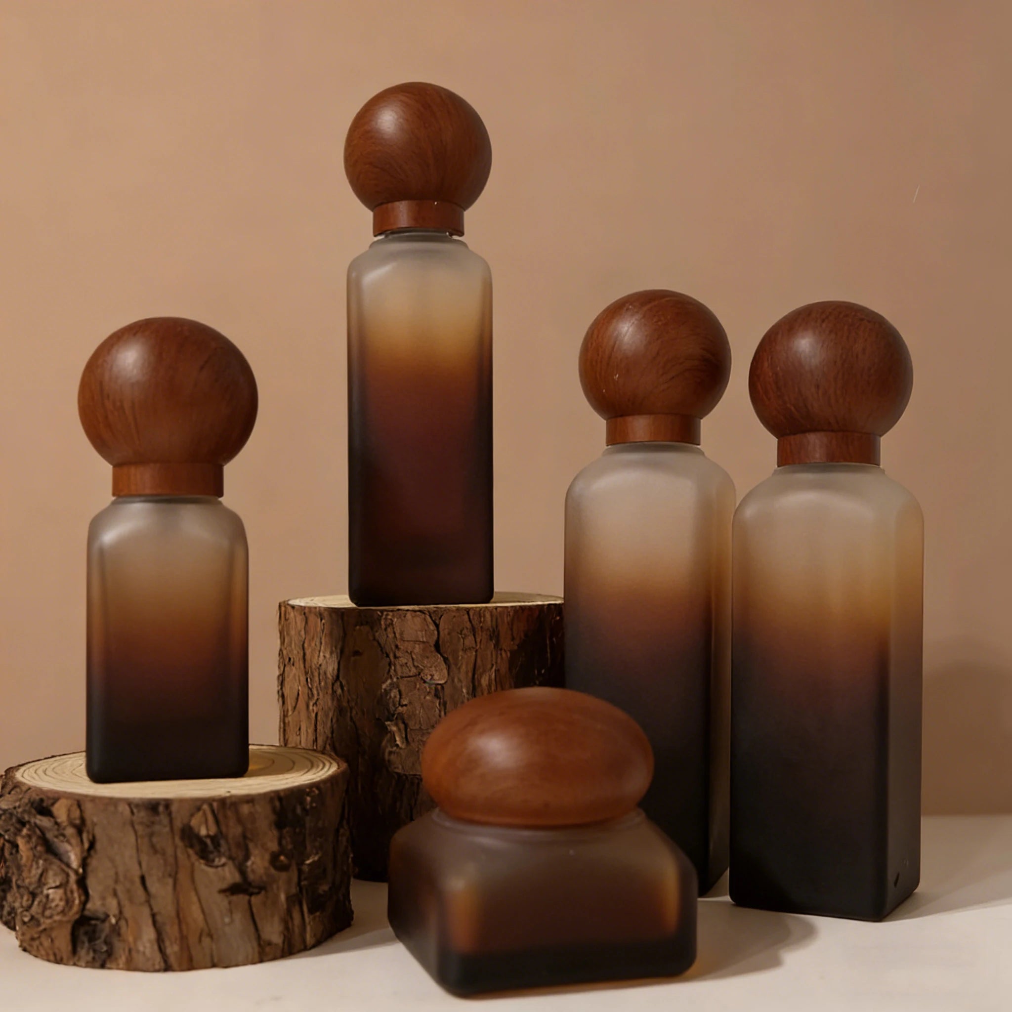 Natural Texture Gradient Brown Frosted Matte Skincare Glass Pump Bottle with Wooden Cap Packaging 40ml 100ml 120ml 50g - 图片 4