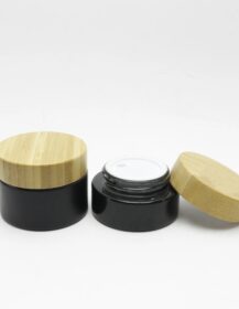Cosmetic Hot Sale Packaging 1oz 30ml Black Little Fancy Bamboo Top Body Butters Frosted Glass Jars Wood Lid Glass Jars With Lids
