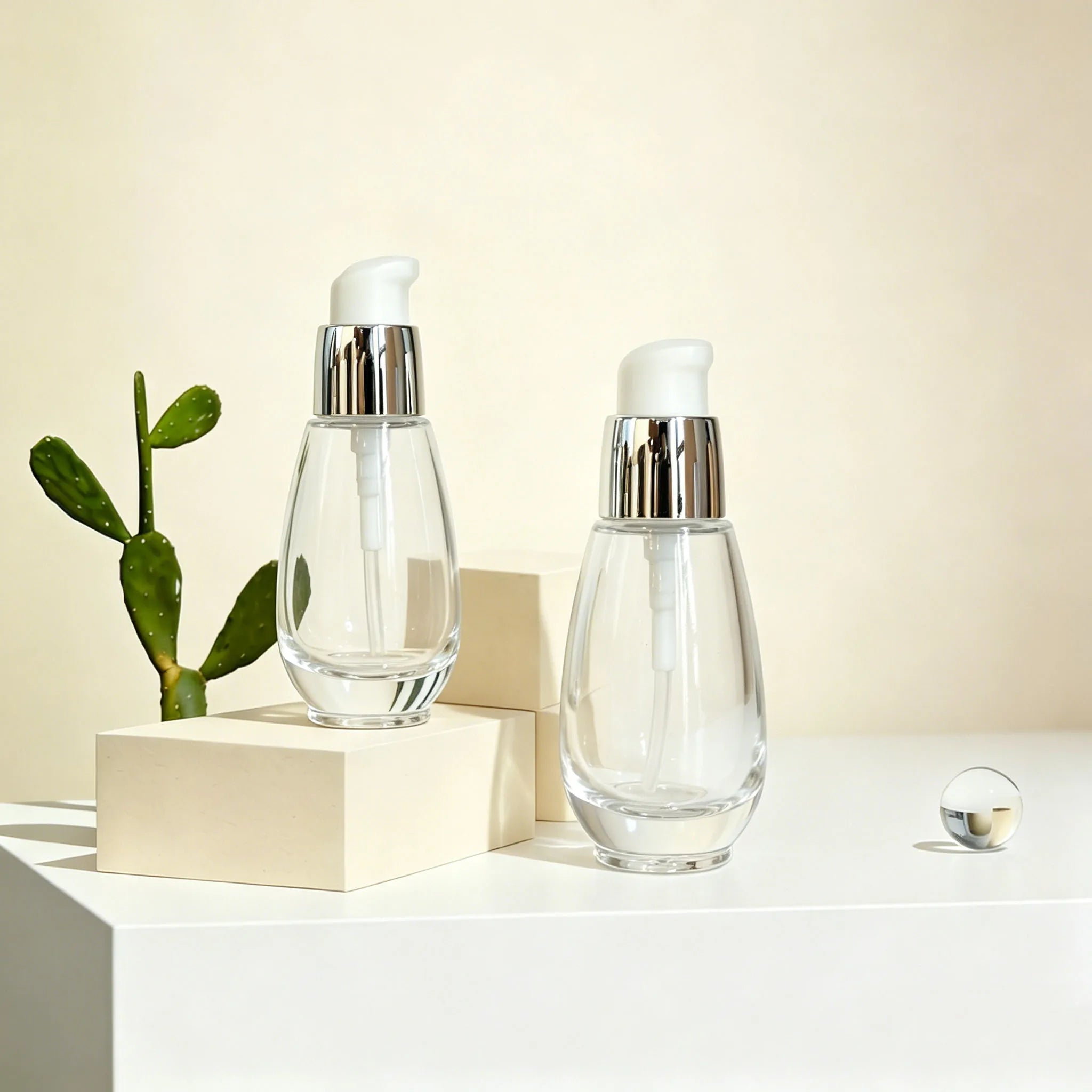 30ml Clear Glass Pump Bottles Empty Refillable Serum Dispenser with Silver Pump for Skincare Cosmetic Packaging