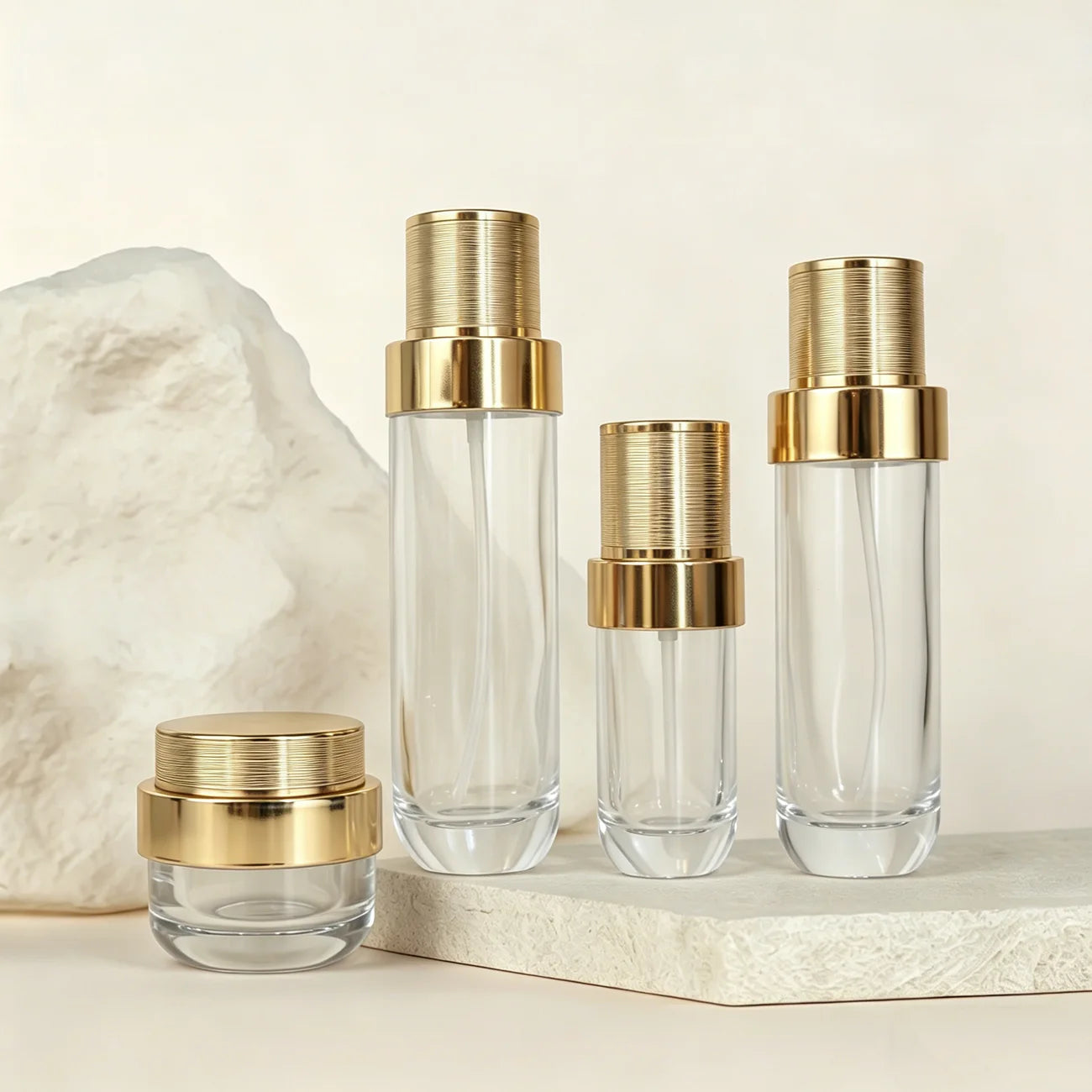 40ml 100ml 120ml 50g Luxury Cosmetic Packaging Glass Jar and Pump Lotion Cosmetics Bottle Set with Gold Press - 图片 2