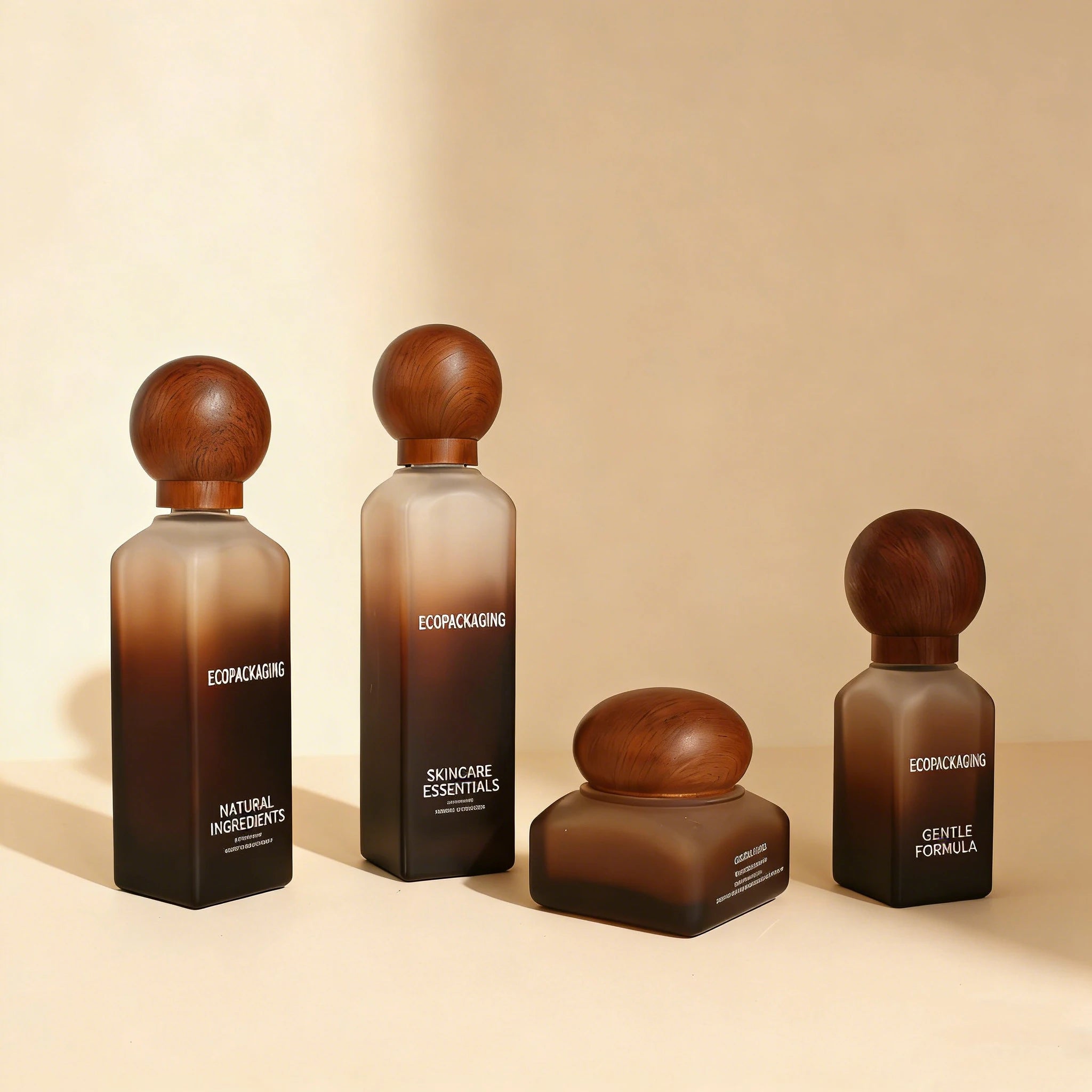 Cosmetic Skincare Packaging Custom square Glass Pump Serum Bottle&cream Jar with Water Transfer Printing Wood Cap - 图片 2