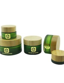 Empty Cosmetic Bamboo Jar Frosted Green Glass Jar Cream Container  With Bamboo Lid