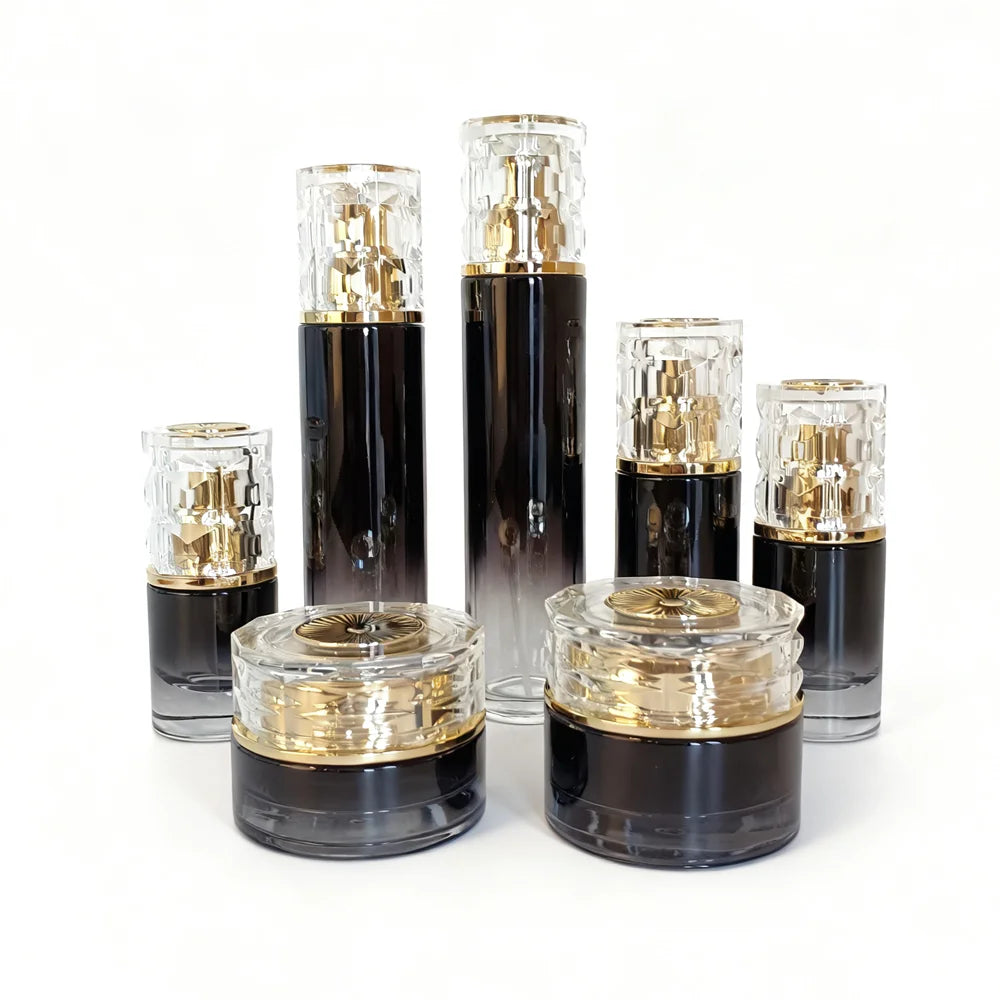 In Stock Luxury Custom Cosmetic Black Glass Bottles 20ml 30ml 50ml 100ml 120ml Empty Face Cream Jar Skincare Set