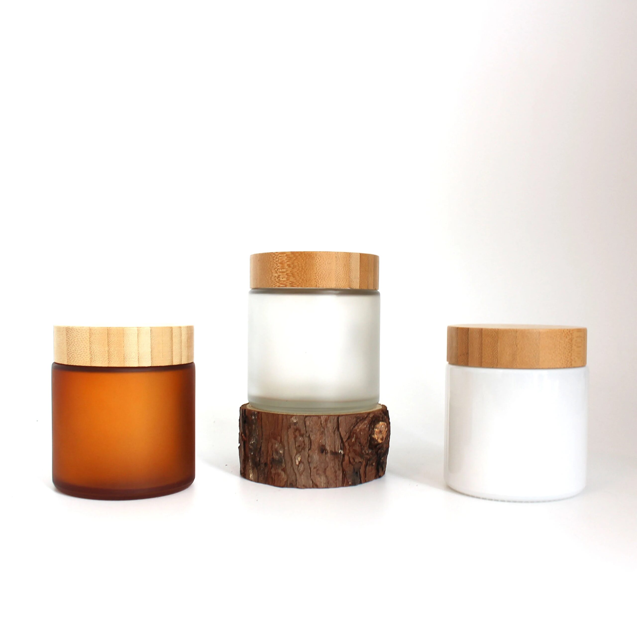 Cosmetic Packaging Eco Friendly 250ml 8oz Bamboo Lid Cap Frosted Glass Cosmetic Jar Wood Lid