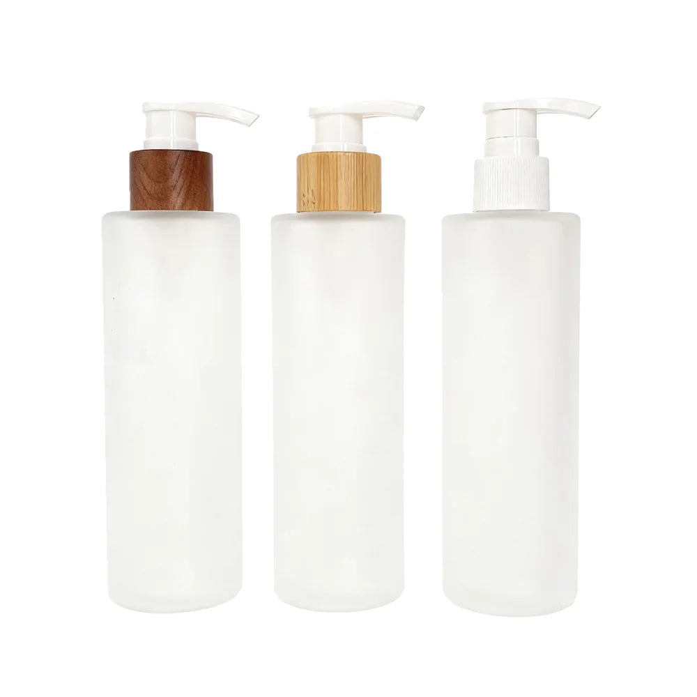 Cosmetic Round 200 ml Frosted Shampoo Lotion Glass Pump Bottles 200 ml with Bamboo Wood Cap - 图片 3