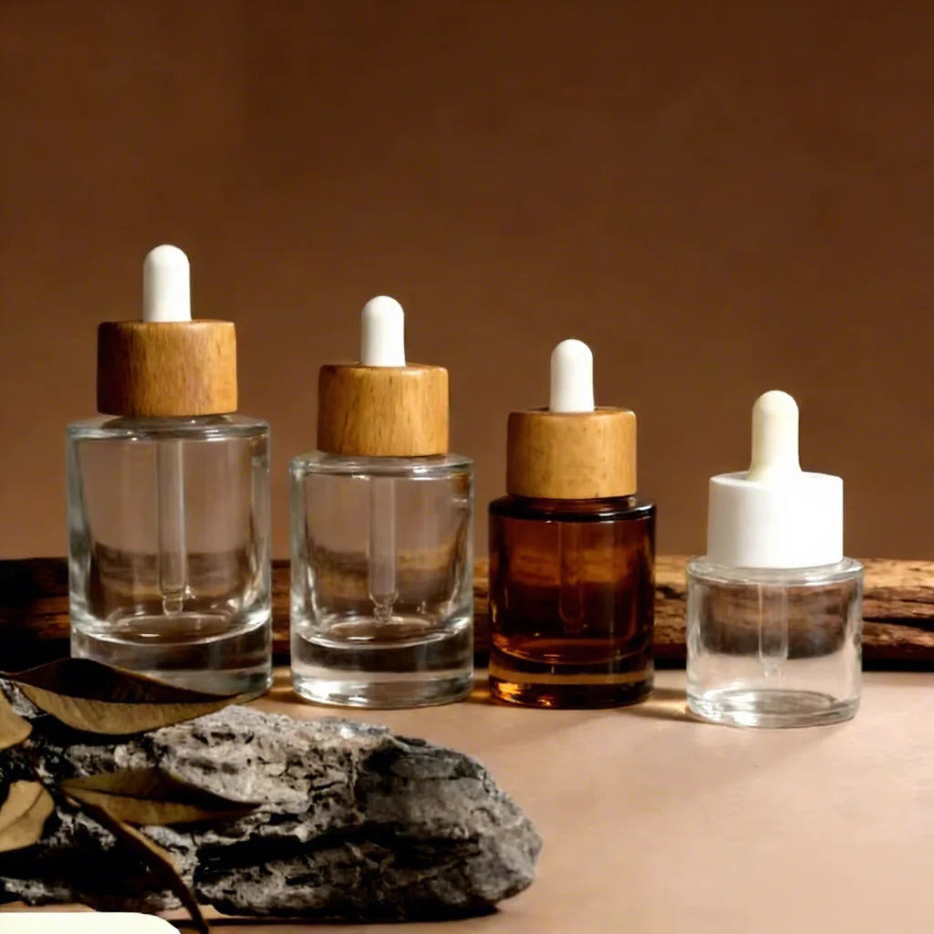 New 15ml 30ml 50ml Glass Dropper Bottles with Bamboo Lid Thick Bottom Flat Shoulder Essential Cosmetic Oil Serum Hair Oil Bottle