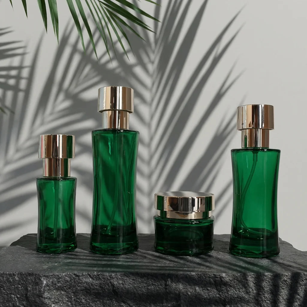 High-End Dark Green Glass Skincare Container Set Refillable Lotion Pump Bottle and Face Cream Jar for Beauty - 图片 3