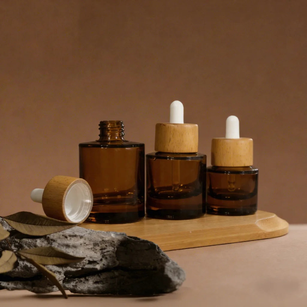 New 15ml 30ml 50ml Glass Dropper Bottles with Bamboo Lid Thick Bottom Flat Shoulder Essential Cosmetic Oil Serum Hair Oil Bottle - 图片 4