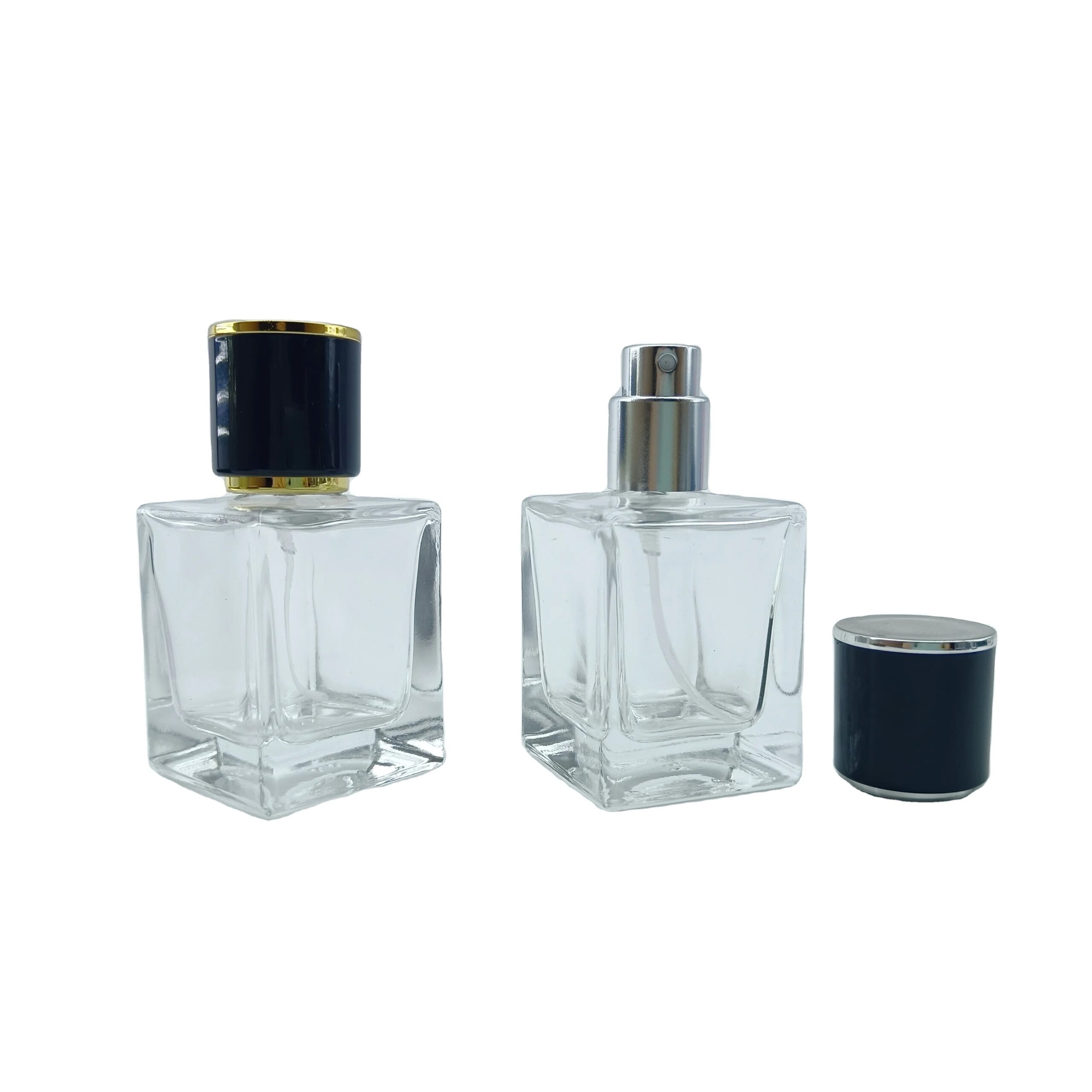 Manufacture 30ml 50ml 100ml Empty Elegant Fragrance Gift Cosmetic Clear Square Glass Perfume Bottle with Gold Lids