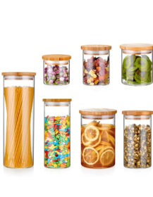 Hot Sale Borosilicate Food Spice Glass Storage Jars with Bamboo Lids Packaging