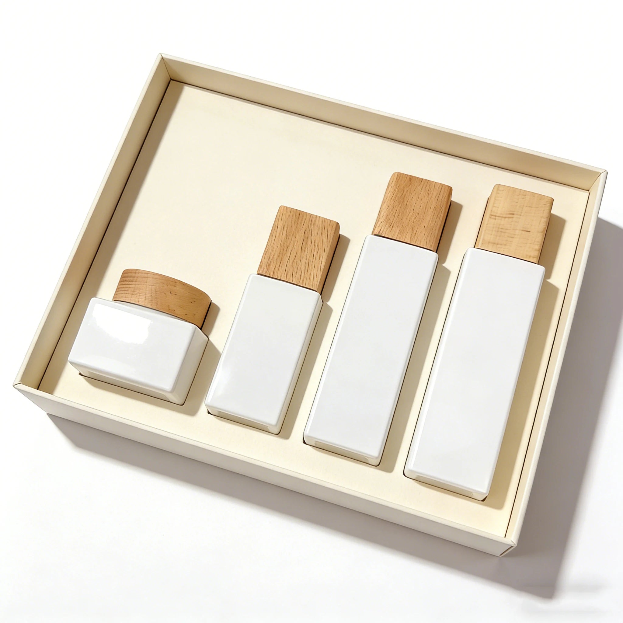 Square White Glass Pump Bottle 20ml 30ml 50ml 100ml 120ml 30g 50g Facial Cream White Jar Skincare Bottles With Wood Lid Set - 图片 6