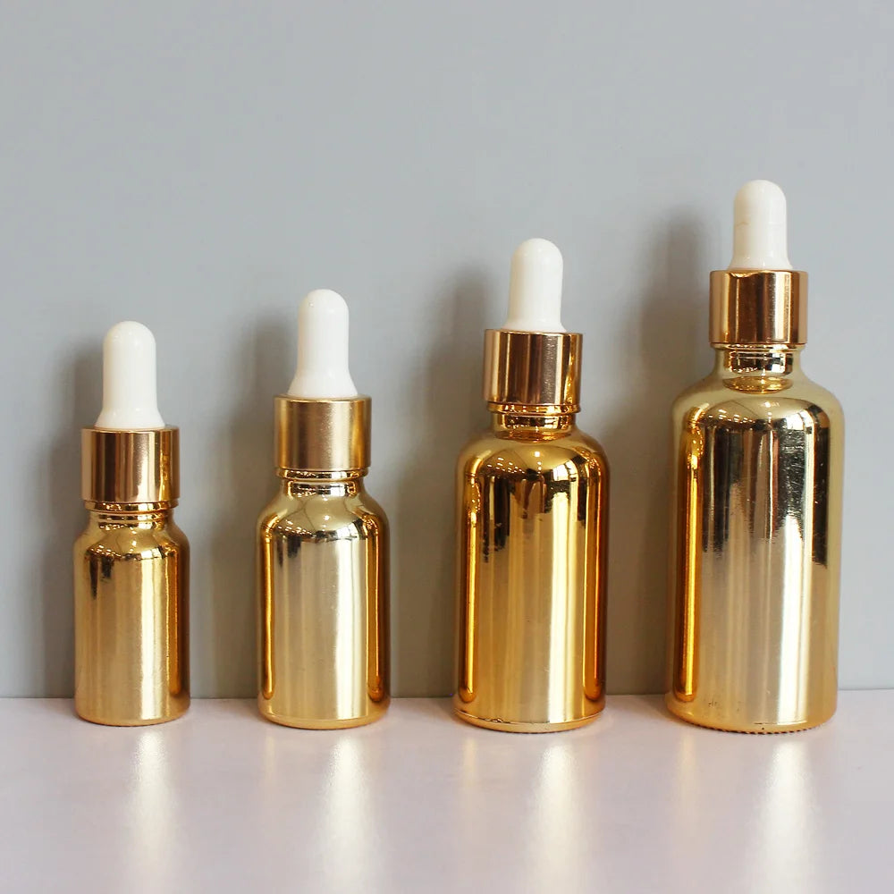 Custom Essential Oil Bottle 5ml 10ml 20ml 30ml 50ml 100ml Gold Plating Serum Glass Dropper Bottle With gold Cap Lid