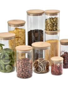 Luxury Custom OEM High Borosilicate clear Kitchen Food Grade Glass Storage Jar Set with Bamboo Lid for Coffee Cookie Saffron B88