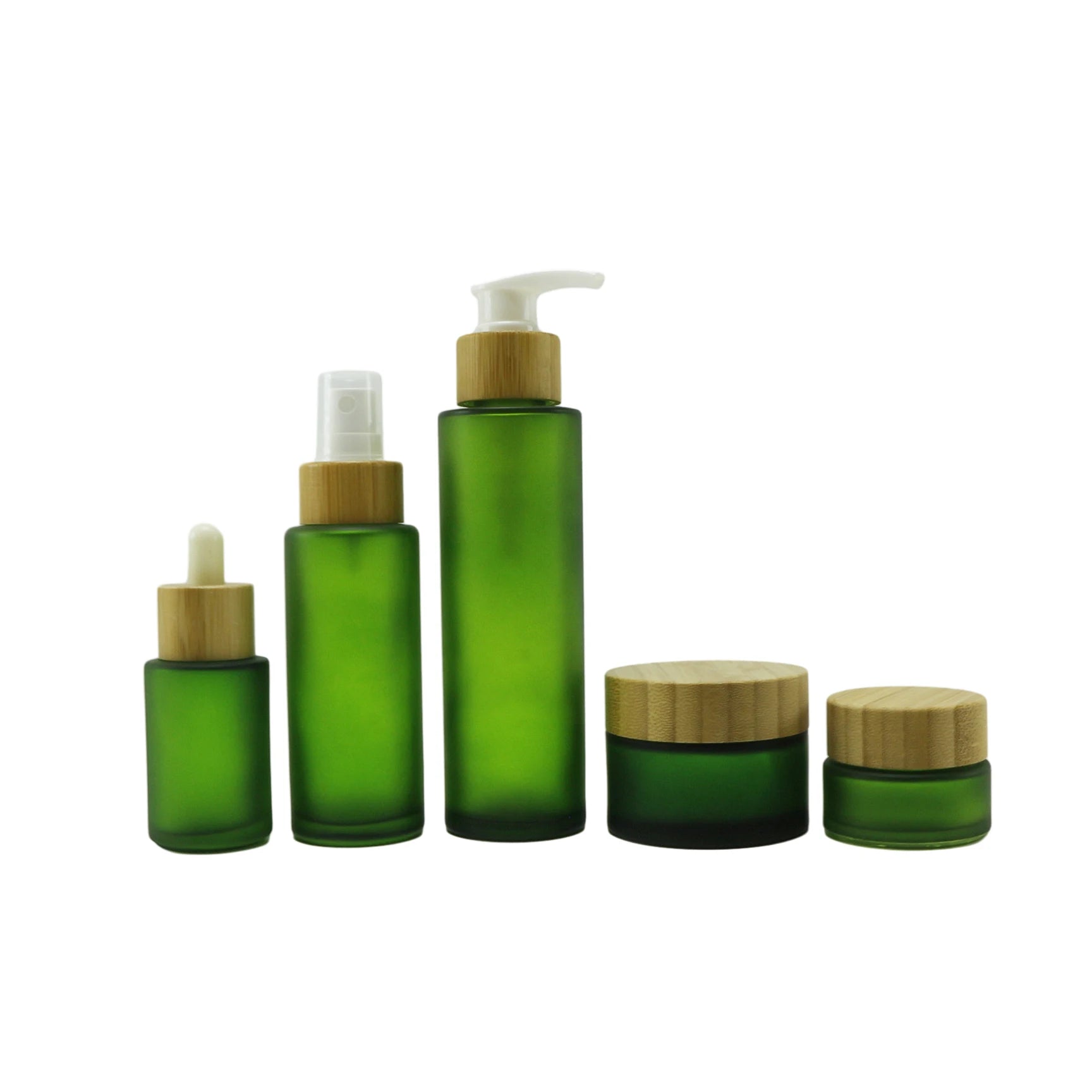 30ml 50ml 100ml 200ml Cosmetic Packaging Flat Shoulder Green Frosted Glass Pump Bottle With Bamboo Lid - 图片 4