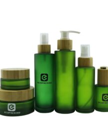 Empty Lotion Pump Bottle 15ml 30ml 50ml 60ml 100ml 120ml 200ml Frosted Green Glass Body Lotion Jar with Bamboo Lid