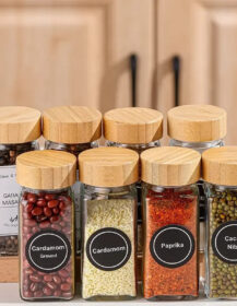 Eco Friendly Kitchen 120ml Glass Spice Jar 4oz square Seasoning Jars Spice Bottle with Bamboo Wood Lid N888