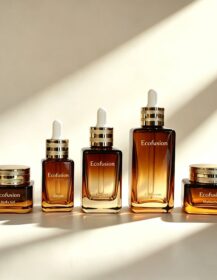 Premium Skincare Empty Gradient Brown square Glass Essence Bottle & Face Cream Container with Gold Lid Luxury Beauty Set