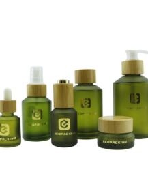 Cosmetic Packaging Set Slant Shoulder Frosted Olive Green Glass Bottle Cream Serum Skincare Lotion Bottle and Jars