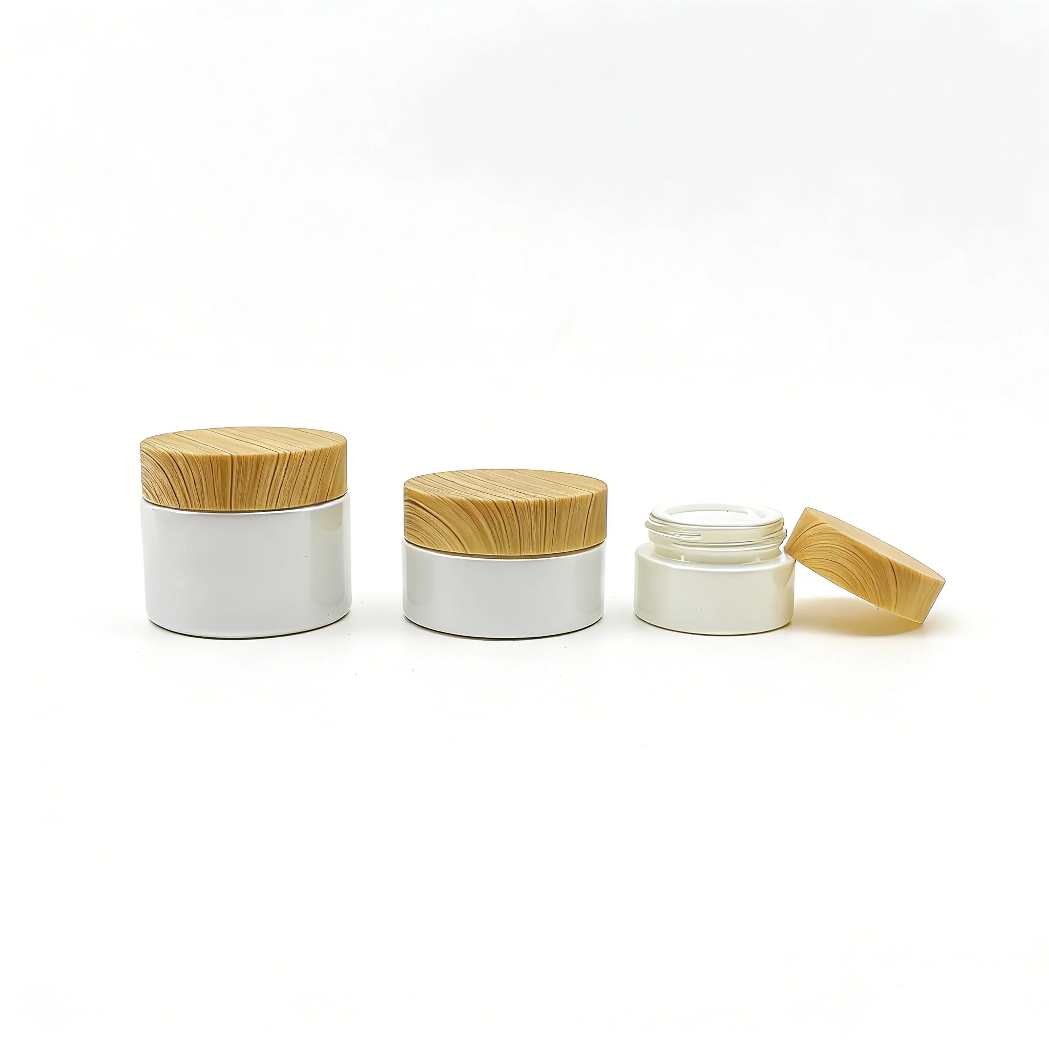 Luxury Glass Cosmetic Jar Containers 20g 30g 50g Body Butter Jar with Water Transfer Printed Wooden Lid for Skincare Packaging