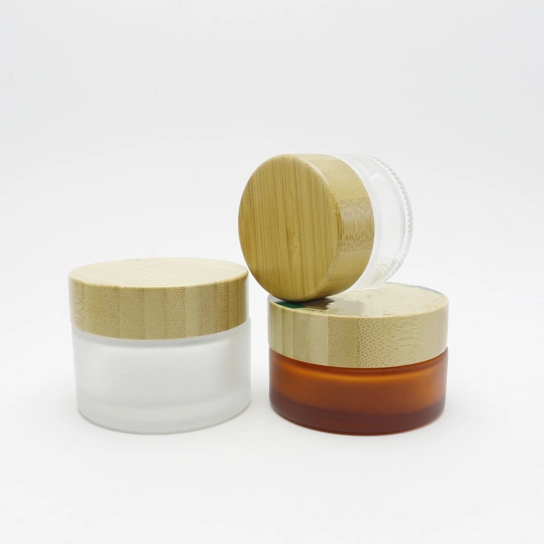 Empty Amber Brown Cosmetic Glass Jar 1oz 5g 10g 15g 20g 50g 100g 30g Eye Cream Frosted Glass Jar 50ml with Bamboo Cap Lid - 图片 2