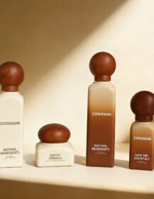 Minimalist High-end Milk Coffee Gradient Brown Skincare Cosmetic Lotion Serum Glass Bottle Set with Round Ball Wooden Cap