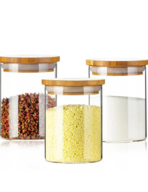 OEM Custom Luxury High Borosilicate Glass Storage Jars with Bamboo Lids 180 ml 200ml 250ml 400ml 500ml 750ml 1000ml