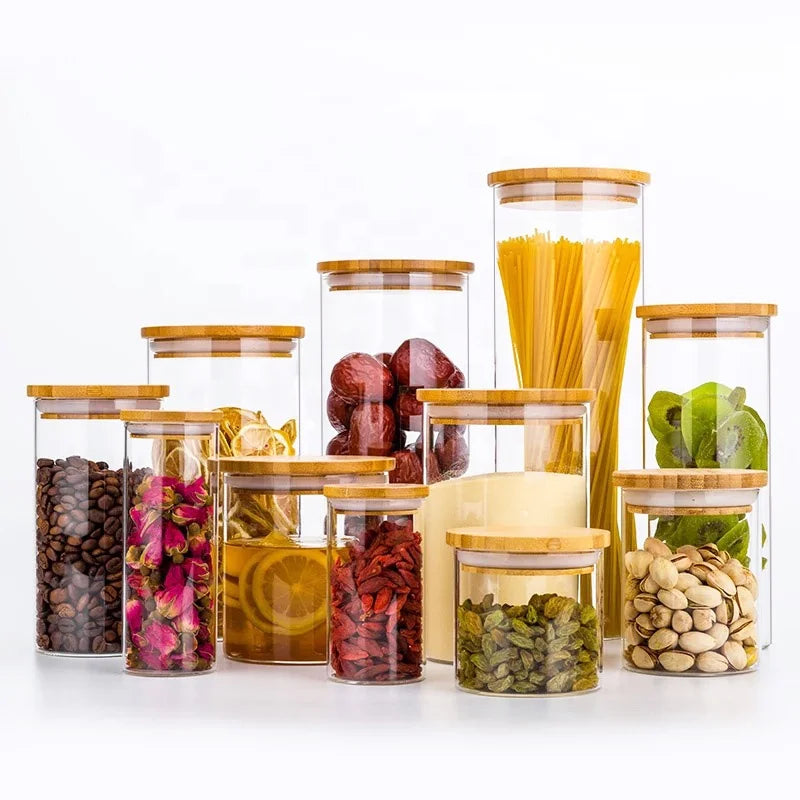 Stackable Customized Kitchen High Borosilicate Glass Storage Jar Set with Bamboo Lid for Food Cake Cookie Candy Spice B8888 - 图片 2
