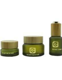 Frosted Olive Green Slant Shoulder Glass Lotion Pump Bottles and Cream Jars for Body Scrub Cosmetics Packaging